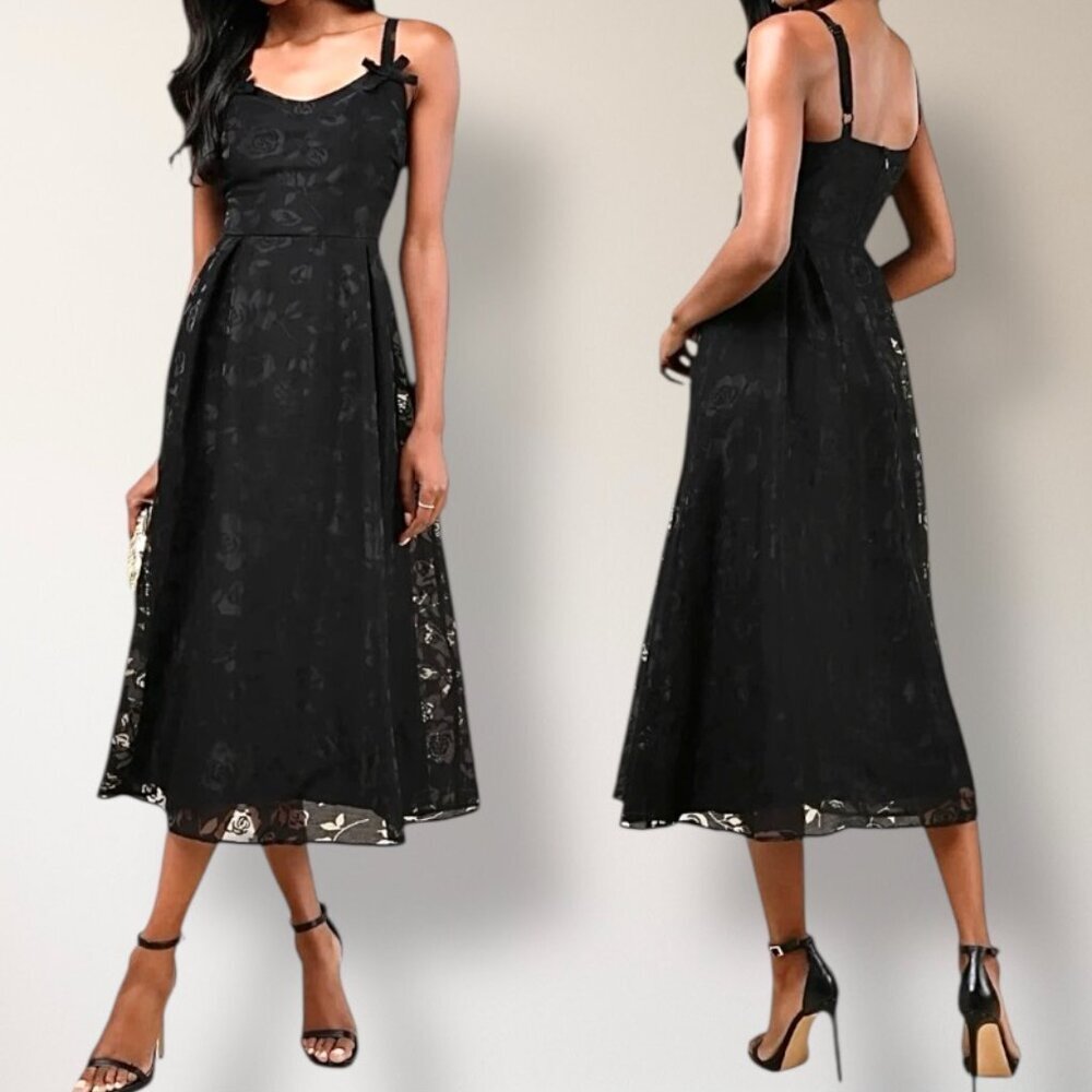 Lulu's Black Floral Midi Dress with Bow Straps